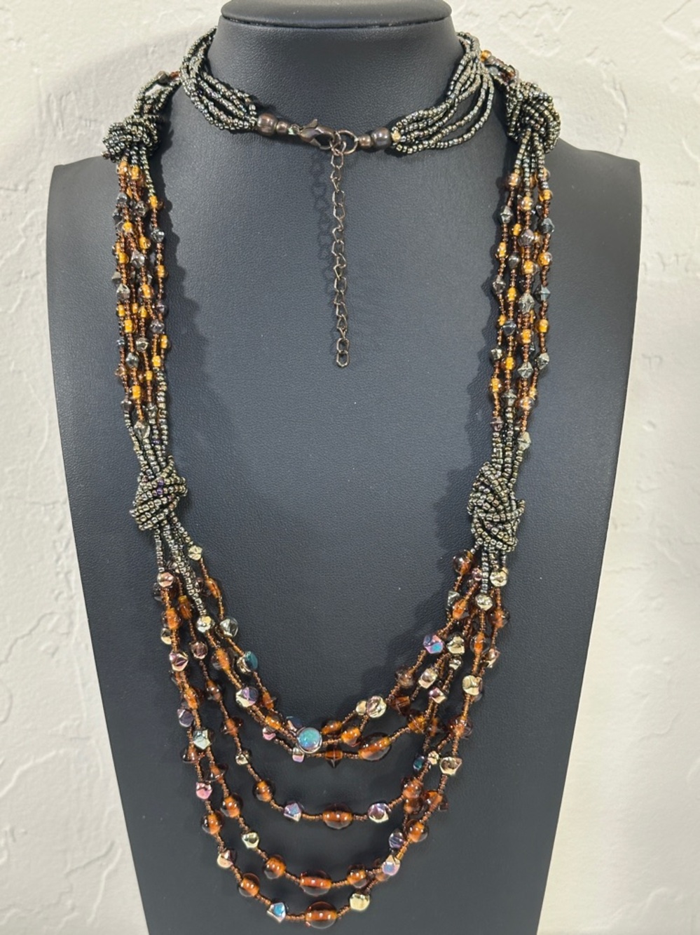 Multi-Strand Torsade Style Glass Brown, Amber & Iridescent Bead Necklace